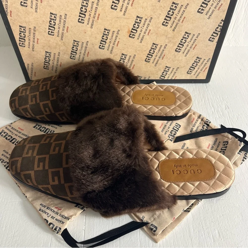 Gucci Men's Lawrence Faux Fur Suede GG Logo Slides Size 12 Chocolate Brown - Picture 7 of 13